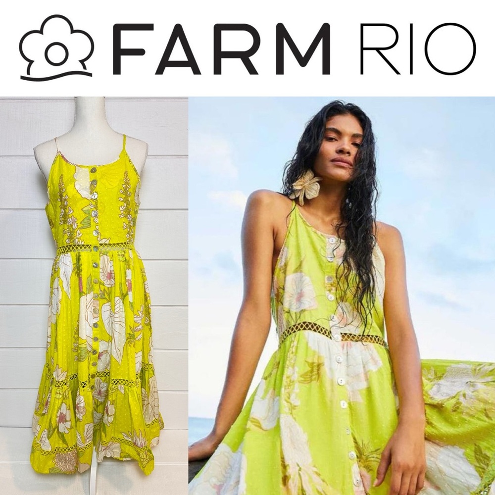 Farm Rio NWT Neon Garden Cotton Midi Dress Floral Summer Yellow Sz XS $235 - Picture 1 of 15